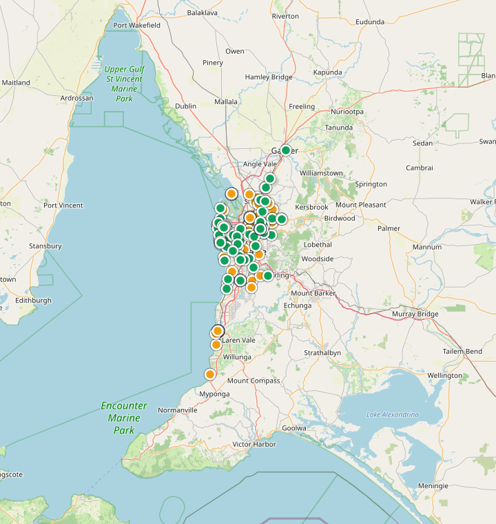 Map of Adelaide showing 481 likely free parking spots