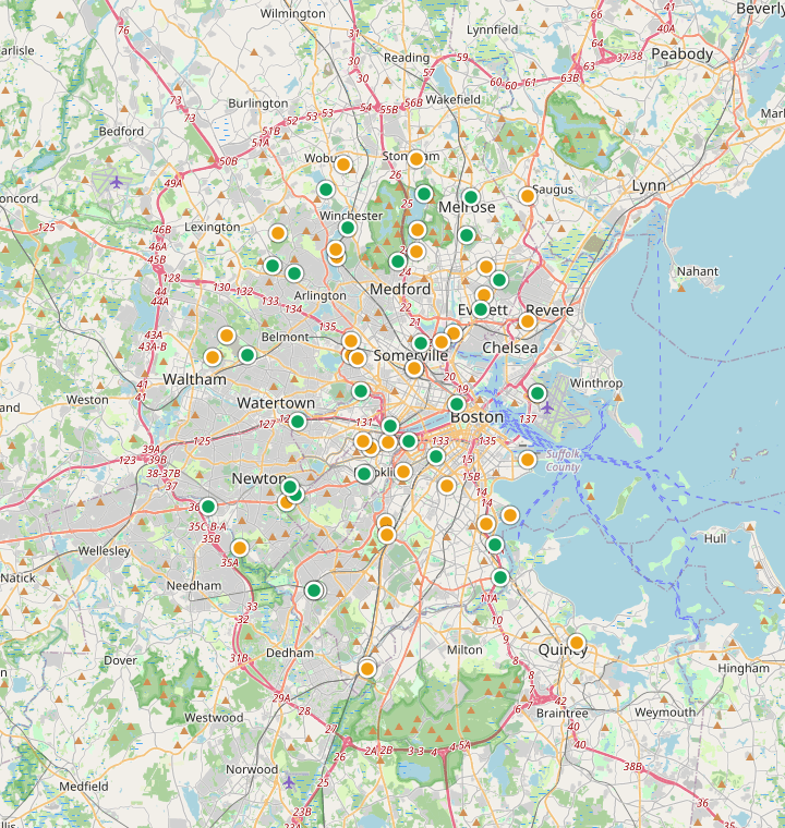 Map of Boston showing 214 likely free parking spots