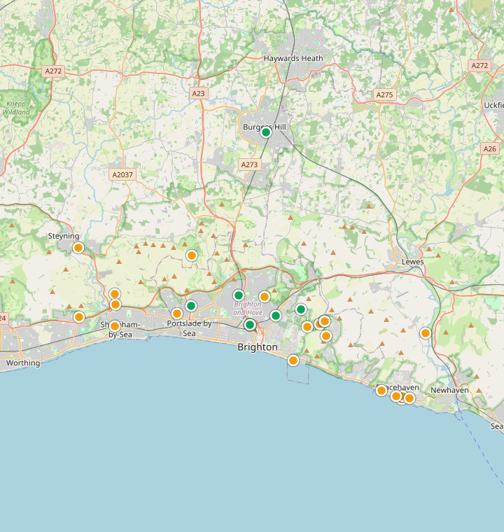 Map of Brighton showing 60 likely free parking spots