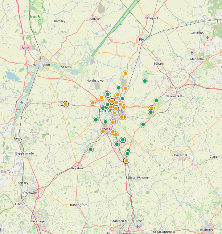 Map of Cambridge showing 211 likely free parking spots