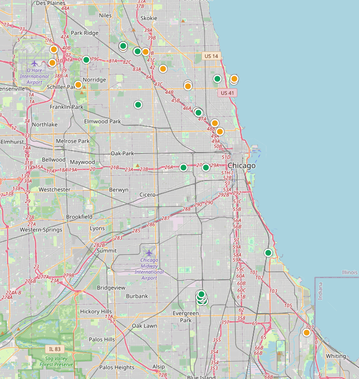 Map of Chicago showing 110 likely free parking spots