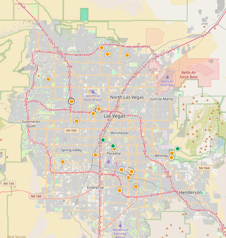 Map of Las Vegas showing 77 likely free parking spots