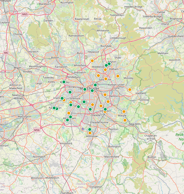 Map of Manchester showing 180 likely free parking spots