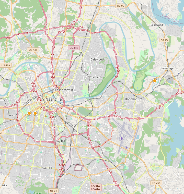 Map of Nashville showing 33 likely free parking spots