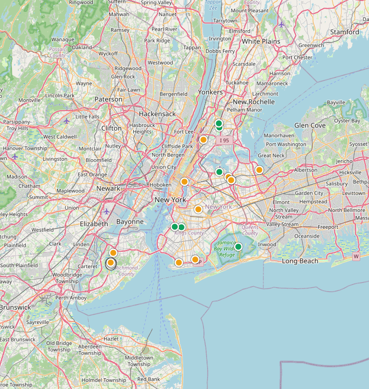Map of New York showing 75 likely free parking spots