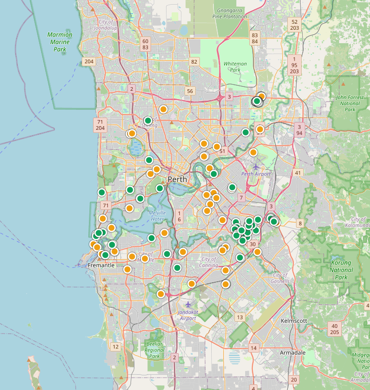 Map of Perth showing 308 likely free parking spots