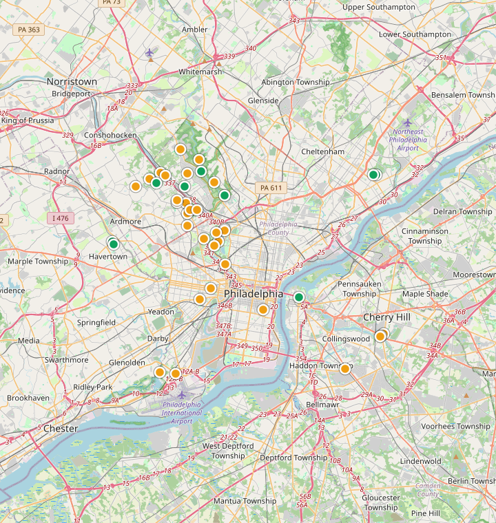 Map of Philadelphia showing 123 likely free parking spots
