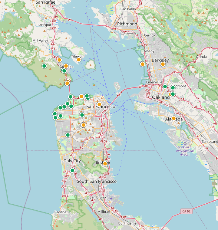 Map of San Francisco showing 113 likely free parking spots