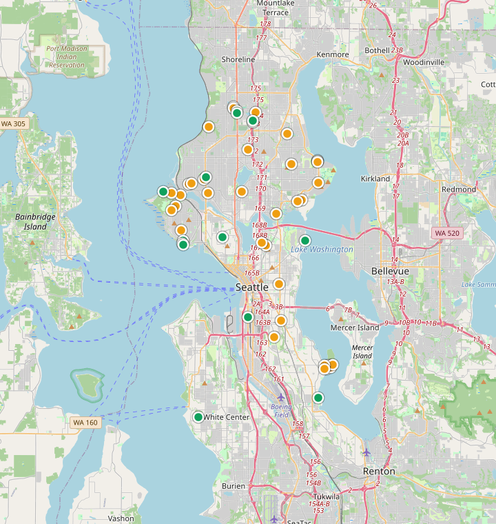 Map of Seattle showing 185 likely free parking spots