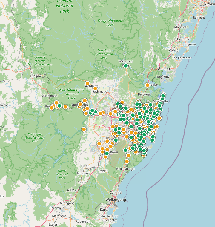 Map of Sydney showing 1,131 likely free parking spots