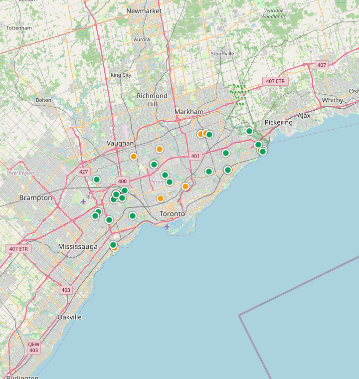 Map of Toronto showing 108 likely free parking spots