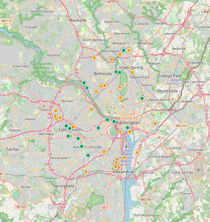 Map of Washington DC showing 306 likely free parking spots