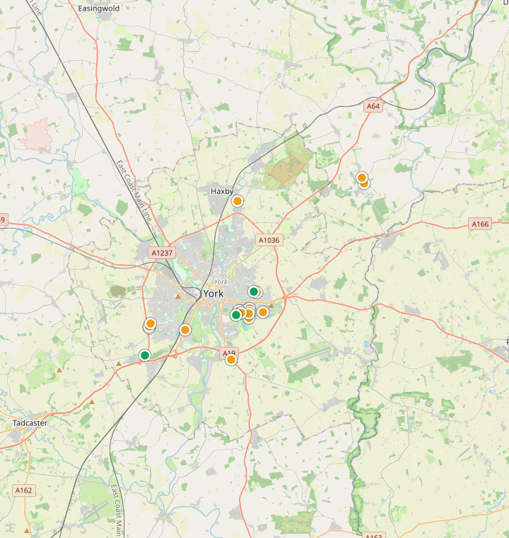 Map of York showing 104 likely free parking spots