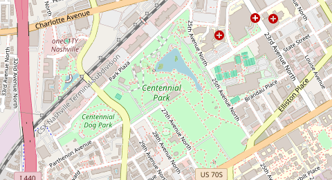 Map of a likely free parking spot near Centennial Park‎ Trail - Centennial Loop, Nashville