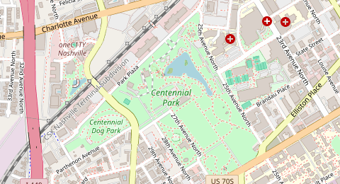 Map of a likely free parking spot near Centennial Park‎ Trail - Centennial Loop, Nashville