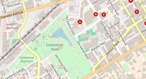 Map of a likely free parking spot near Centennial Park‎ Trail - Centennial Loop, Nashville