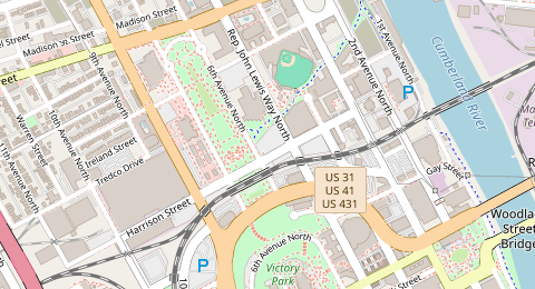 Map of a likely free parking spot near Cumberland River Greenway, Downtown Nashville, Nashville