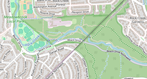 Map of a likely free parking spot near Beach Drive, Rock Creek Forest, Washington DC