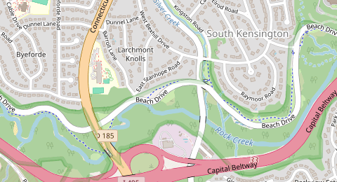 Map of a likely free parking spot near Beach Drive, Larchmont Knolls, Washington DC
