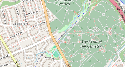 Map of a likely free parking spot near Cynwyd Heritage Trail, Philadelphia