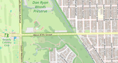 Map of a likely free parking spot near Dan Ryan Woods Access Road, Ashburn, Chicago