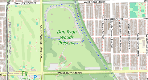 Map of a likely free parking spot near Dan Ryan Woods Access Road, Ashburn, Chicago
