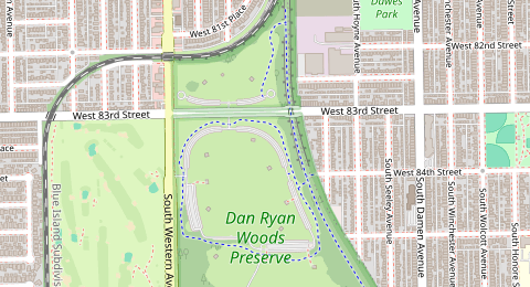 Map of a likely free parking spot near Dan Ryan Woods Access Road, Ashburn, Chicago