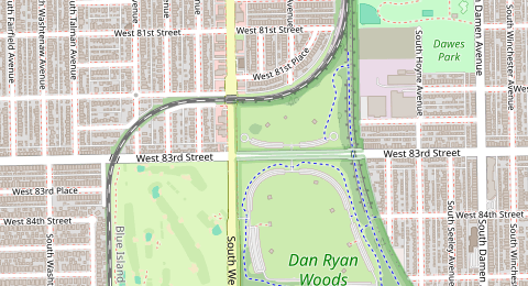 Map of a likely free parking spot near Dan Ryan Woods Access Road, Ashburn, Chicago
