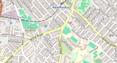 Map of a likely free parking spot near Spring Street, West Roxbury, Boston