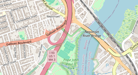 Map of a likely free parking spot near Neponset River Greenway, Dorchester, Boston