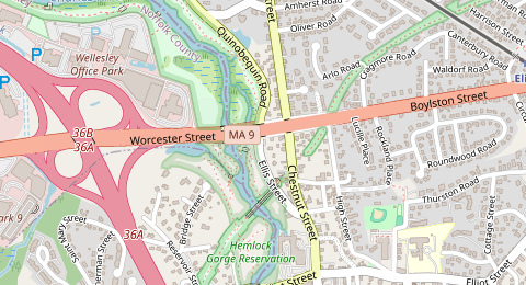 Map of a likely free parking spot near Boylston-Chestnut Streets Service Road, Boston