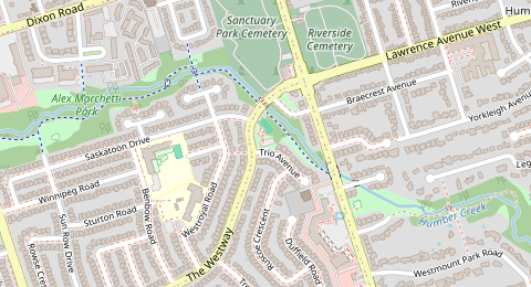 Map of a likely free parking spot near Trio Avenue, Etobicoke, Toronto