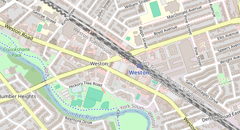Map of a likely free parking spot near Weston GO Lot, Toronto