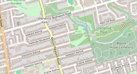 Map of a likely free parking spot near Sheldrake Boulevard, Don Valley West, Toronto
