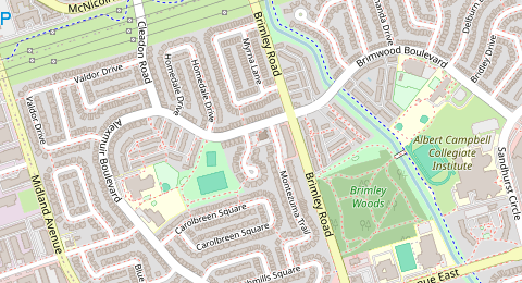 Map of a likely free parking spot near Montezuma Trail, Scarborough, Toronto