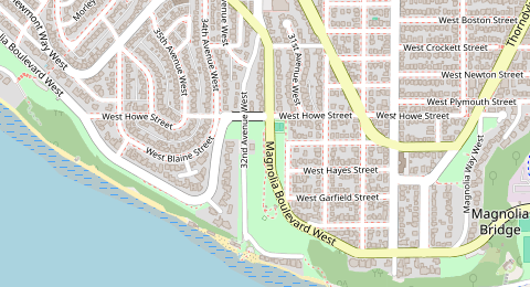 Map of a likely free parking spot near Magnolia Boulevard West, Magnolia, Seattle