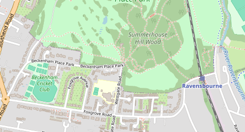 Map of a likely free parking spot near Beckenham Place Park, Beckenham, London