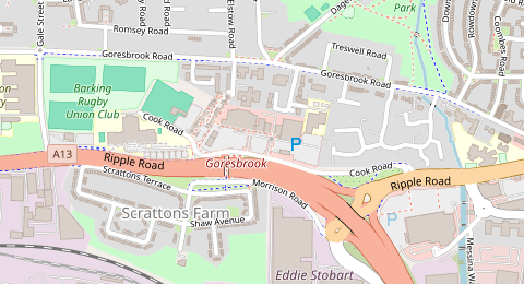 Map of a likely free parking spot near Cook Road, Scrattons Farm, London