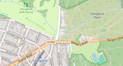 Map of a likely free parking spot near Bury Road, Chingford, London