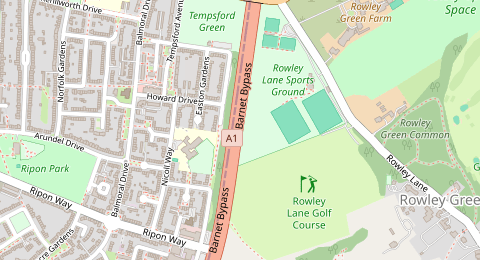 Map of a likely free parking spot near Barnet Bypass, South Mimms and Ridge, London