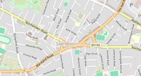 Map of a likely free parking spot near James Street, Sale Moor, Manchester