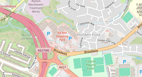 Map of a likely free parking spot near Elk Mill Centre Retail Park, Holden Fold, Manchester