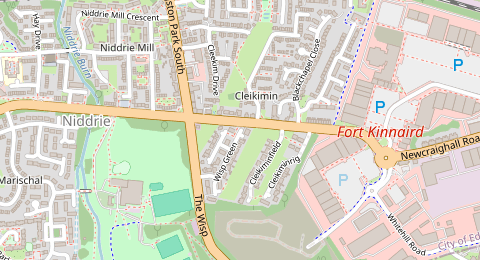 Map of a likely free parking spot near Wisp Green, Niddrie, Edinburgh